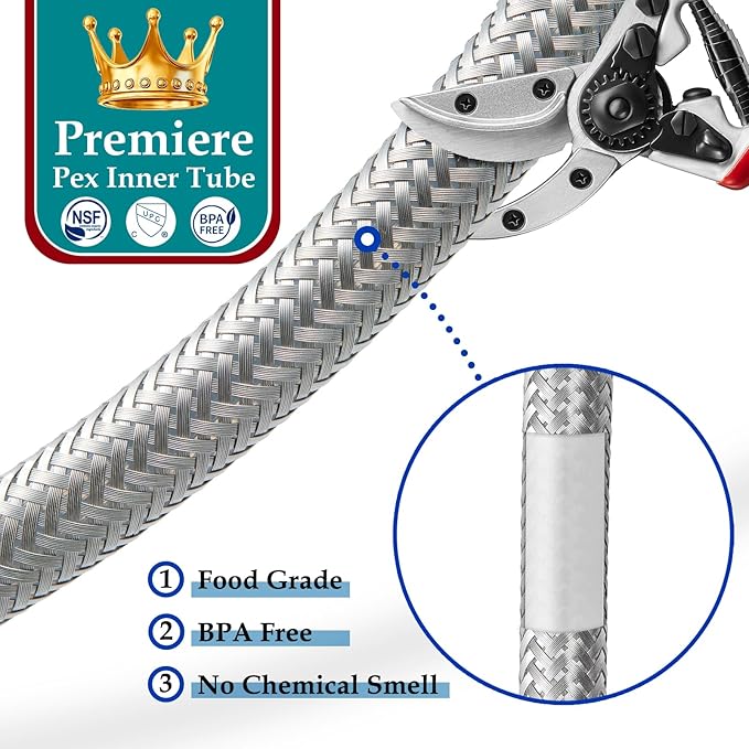 Refrigerator Water Line for Ice Maker Braided - 12' Pex Water Supply Lines Hose for Fridge Outlet Box with 1/4 Comp Fitting