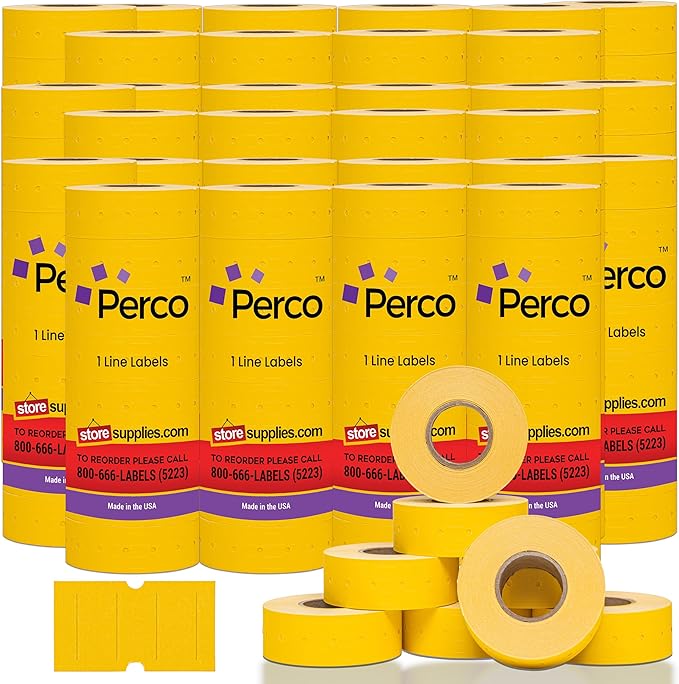 Perco 1 Line Yellow Labels - Case of 30 Sleeves, 240,000 Blank Pricing Labels for Perco Lite, X, Plus and Pro 1 Line Price and Date Guns