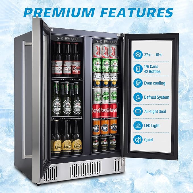 24 Inch Wine and Beverage Refrigerator, Dual Zone Wine Cooler with Advanced Cooling, 176 Cans and 42 Bottles Capacity, Built-in or Freestanding Beverage Fridge for Home, Bar, Kitchen