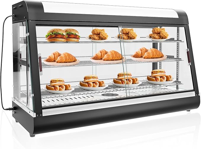 48-inch Commercial Food Warmer Display Case, 3-Tier Countertop Food Pizza Pastry Warmer w/ 3D Heating with LED Lighting Removable Shelves Glass Door, Pastry Display Case for Buffet Restaurant