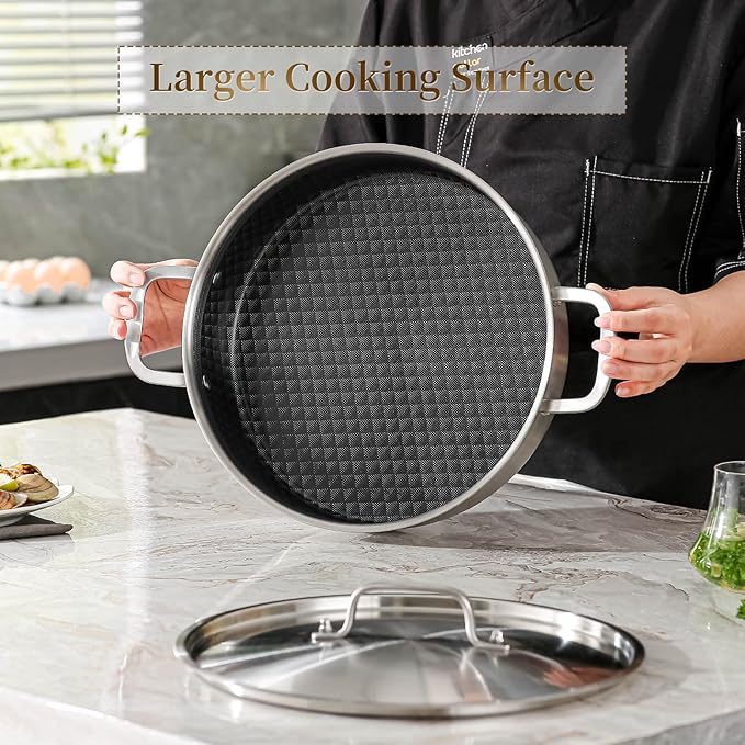 DELARLO Tri-Ply Stainless Steel Braiser Pan with Lid Nonstick 6 Quart Cooking Pot Induction Rondeau Deep Frying Pan,Large Saute Pan,Heavy Duty,Dishwasher and Oven Safe to 550℉
