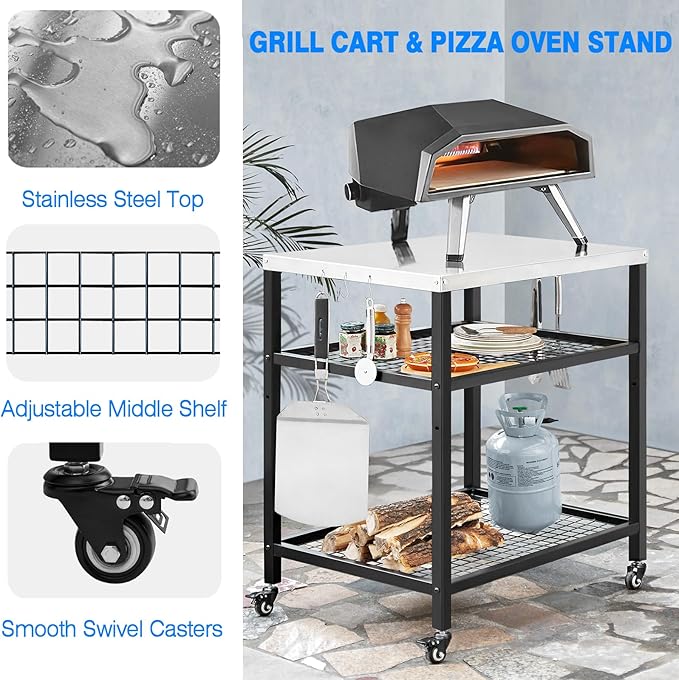 Stainless Steel Outdoor Grill Cart Pizza Oven Stand Trolley Table with Wheels Three-Shelf Movable Food Prep and Work Table Heavy Duty Grill Carts Outdoor Cart 31.5"×24"×35.5"