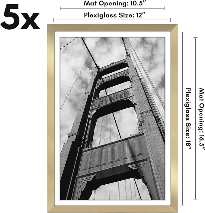 Americanflat 12x18 Poster Frame with Polished Plexiglass - Set of 5 - Use as 11x17 Frame with Mat or Display 12x18 Photo Without Mat - Galleria Collection - Picture Frames for Wall Display - Gold