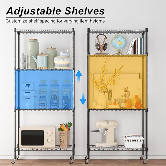 Homdox Heavy Duty 4-Tier Metal Shelving Unit with Adjustable Shelves, Rolling Storage Rack for Kitchen, Garage, Pantry, 29.92"x13.98"x74.41", Black