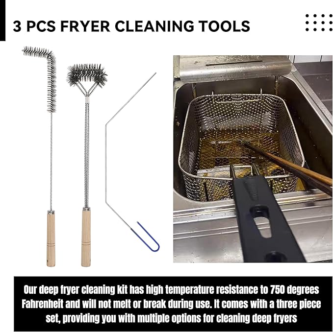 3 Pcs Fryer Cleaning Tools - L Shaped Stainless Steel Bristles Deep Cleaning Brush and Rod for Restaurant Air Fryer