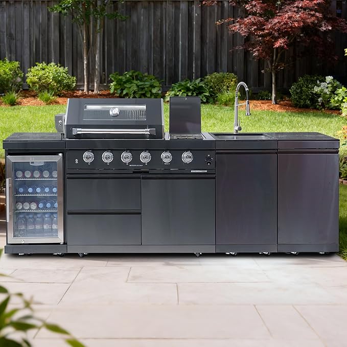 104 Inch Deluxe Stainless Steel Natural Gas Outdoor Kitchen Island Grill - 4-Burner 72000 BTU, 4 modular units for flexible and versatile combinations, Black