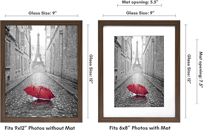 Americanflat 9x12 Picture Frame with Shatter-Resistant Glass - Use as 6x8 Frame with Mat or Display 9x12 Photo Without Mat - Signature Collection - Picture Frames for Tabletop and Wall - Walnut