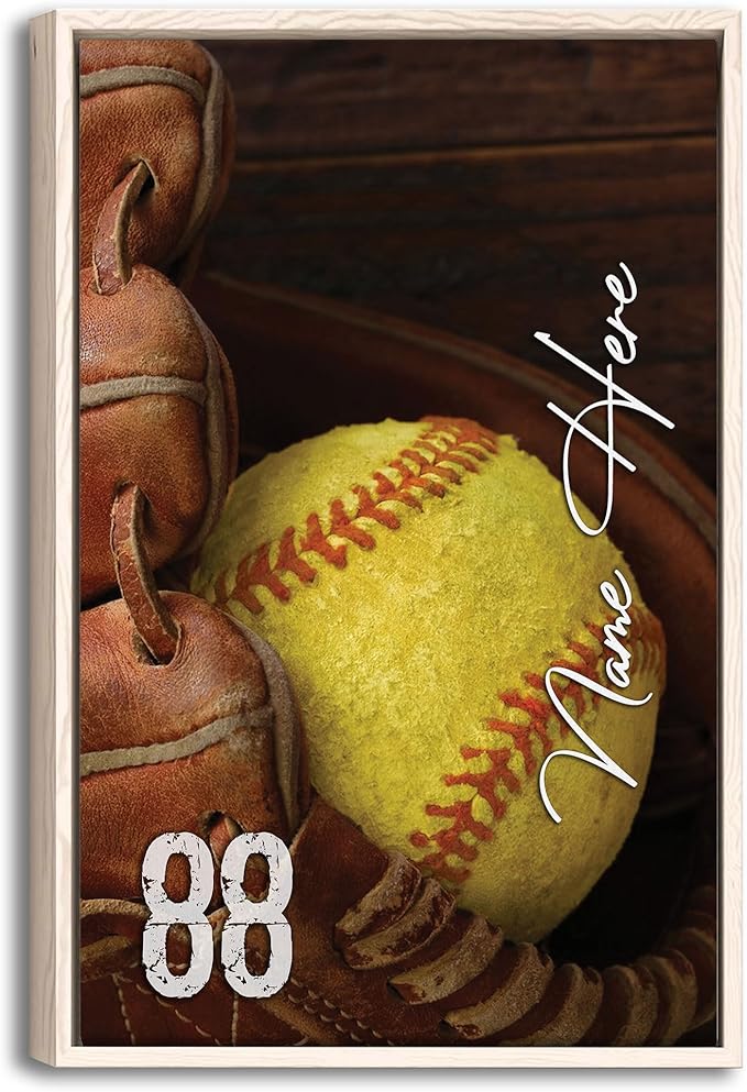 Custom Softball Gloves Ball Gift For Fan Lovers Sport Gift Personalized Name Number Poster & Framed Canvas, Wall Art Home Office Decoration Living Room Bedroom Aesthetic Decor