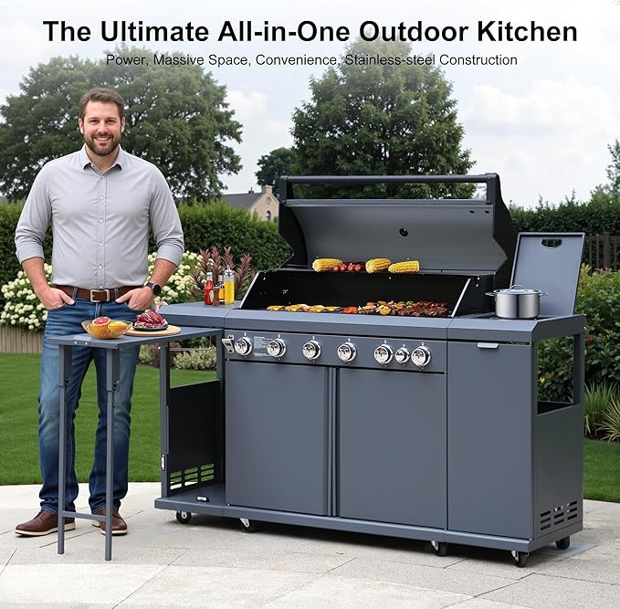 Brand-Man 6-Burner Gas Outdoor Kitchen Grill Island with Side Burner - 72,000 BTU Stainless Steel BBQ Grill Station with Storage Cabinets, Fold-out Prep Table, LPG/NG Convertible, Gray