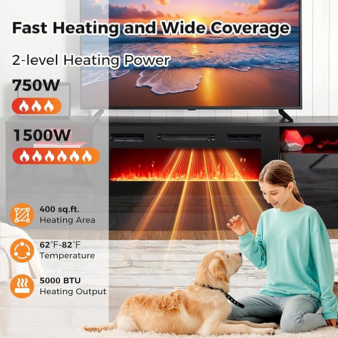 Tangkula 36 Inches Electric Fireplace, 5,000 BTU Fireplace Insert with LED Light Strips, Remote, Crystal Stones & Adjustable Flame Effect, 1-8H Timer, Thermostat & Overheat Protection