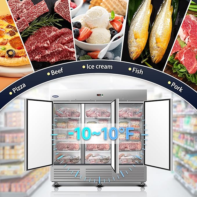 81" W Commercial Freezer Reach-in 72 Cu.ft 3 Solid Door Stainless Steel ETL Approved Upright Freezer Fan Cooling for Restuarant, Bar, Shop, etc