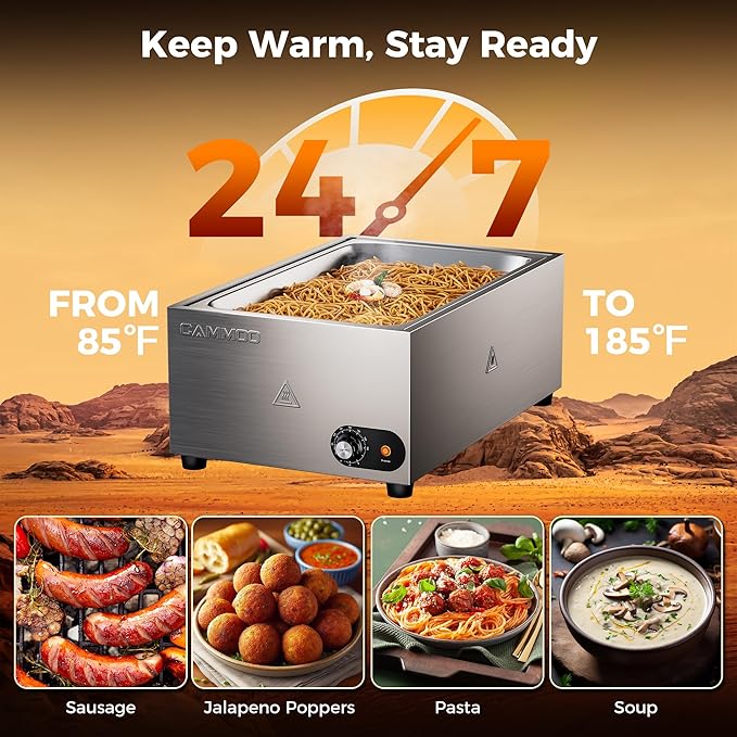 1200W Electric Steam Table Food Warmer, Bain Marie 86-185°F Adjustable Temp, Countertop Stainless Steel Buffet Steam, Commercial Food Steamer for Catering Restaurant