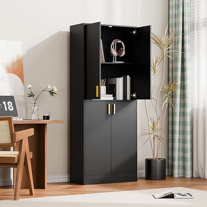 Cozy Castle Kitchen Pantry Cabinet, 71" Tall Wood Storage Cabinet with Doors and Shelves 4 Doors Freestanding Cupboard for Dining Room Living Room Bathroom Furniture, Black | Wood Storage Cabinet, 4 Doors, Utility Hutch, for Dining Room