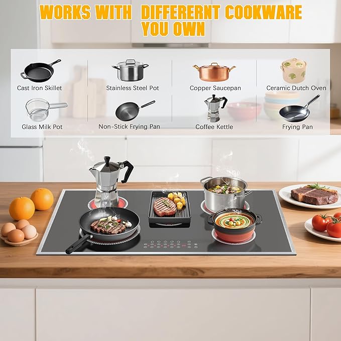 Electric Cooktop 36 Inch, 5 Burners Electric Stove Top Touch Control, 8400W Built-in Ceramic Stovetop 36" with Expandable Zone, Child Lock, Timer, Pause Control, 220-240v Hardwired (No Plug)