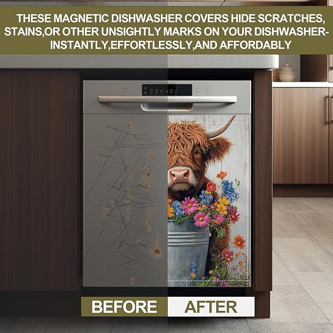 Magnetic Dishwasher Cover,Highland Cow Reusable Dishwasher Magnetic Cover Butterfly Flowers Decorative Door Covers Panel for Home Kitcen 23" x 26"