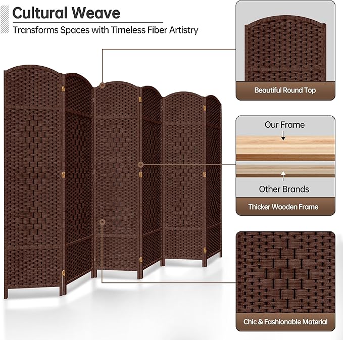 DURASPACE 6 Panel Room Divider, 6ft Tall Folding Privacy Screen, 360°Rotation, Hand-Woven Freestanding Wood Partition for Room Separation