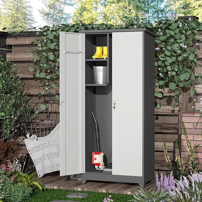 Outdoor Metal Storage Cabinet,Garden Storage Cabinet with Waterproof Coating,Waterproof Lockable Storage Cabinets for Garden,Backyard,Lawn,Dark Gray+White