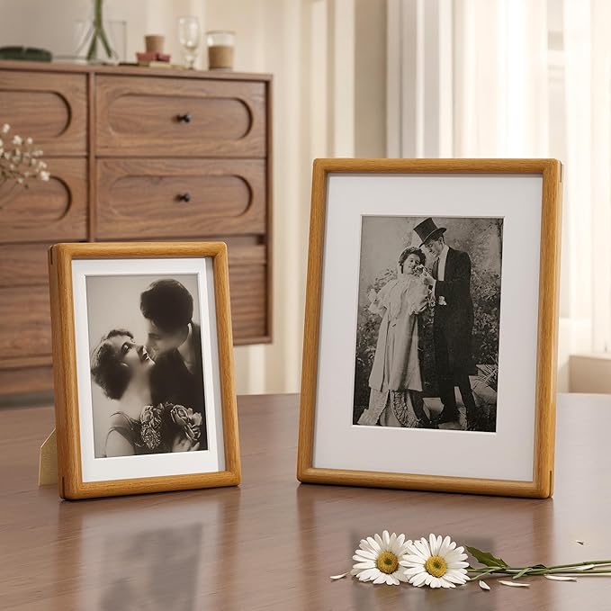 Axeman 6x8 Picture Frame Set of 3 - Solid Teak Wood Frame With Mat for 5x7 - Rounded Corner 6x8 Frame with Tempered Glass for Tabletop Display