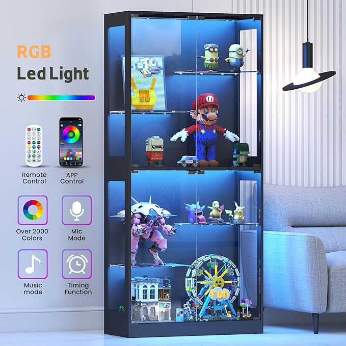 69-Inch Glass Display Cabinet - Curio Cabinet with RGB Lighting, Adjustable Shelves Display Case, for Game Room, Living Room, Bedroom, Black