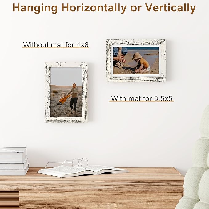 Vittanly 4x6 Picture Frame, Solid Wood Frame with Plexiglass, Includes 3.5x5 Mat, Wall Hanging or Tabletop for Home Decor, Distressed White, 1 Pack