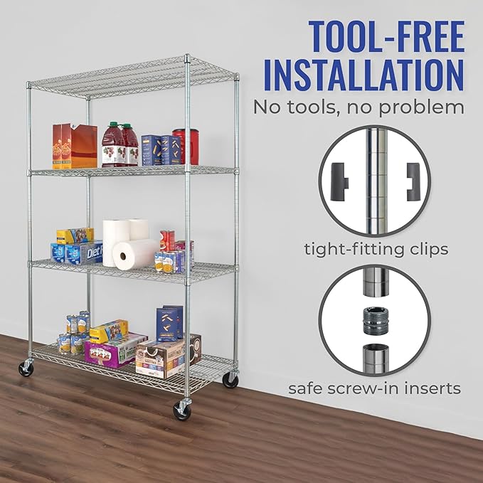 SafeRacks - NSF Certified Storage Shelves, Zinc, Heavy Duty Steel Wire Unit with Wheels and Adjustable Feet, Garage or Bakers Rack, Kitchen, Pantry Shelf - (24"x48"x72" 4-Tier) (Silver)