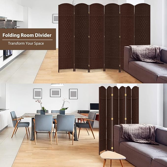 Duraspace 6 Panels Room Divider 6 FT Tall Weave Fiber Freestanding Double Hinged Extra Wide Folding Screen for Patio Privacy (Brown)