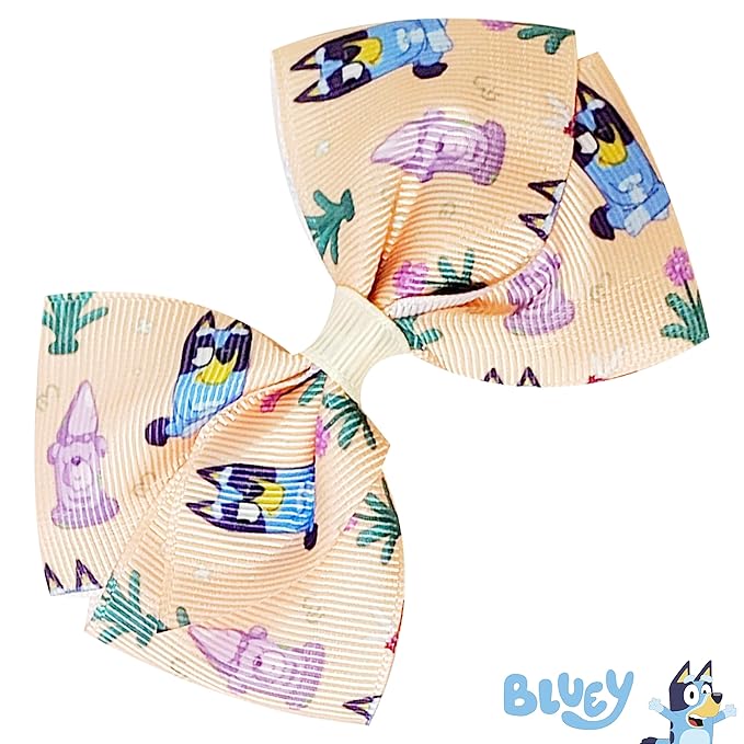 Bluey Kids Hair Bows - Hair Accessories Gift Set - Bluey Hair Bow - 7 Pcs 4 Inch Bow Bundle - HairBows for Girls - Different Bluey print on each clip - Alligator Clip - Ages 3 +
