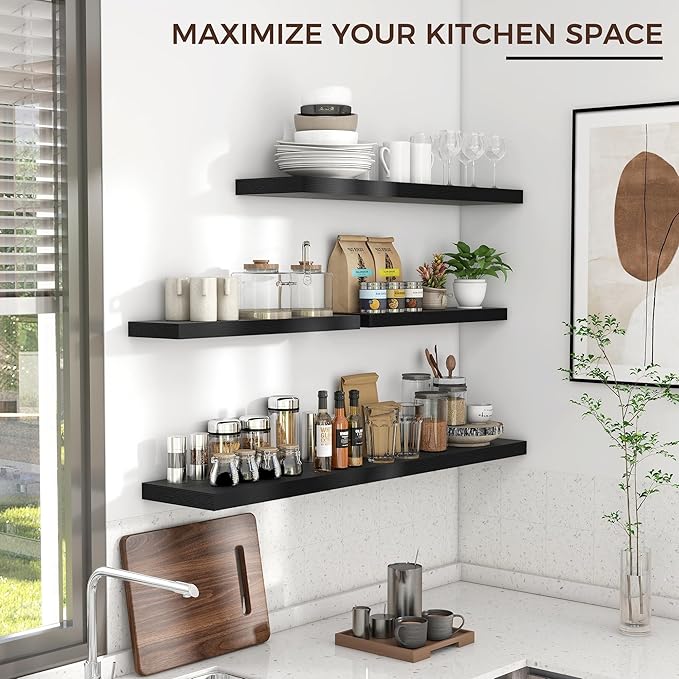 Floating Shelves for Wall 36"W x 7.8"D x 1.5"H, Engineered Wood Wall Shelves with Invisible Brackets for Living Room Bedroom Bathroom Office Kitchen Decor and Storage, Black Finish, Set of 2
