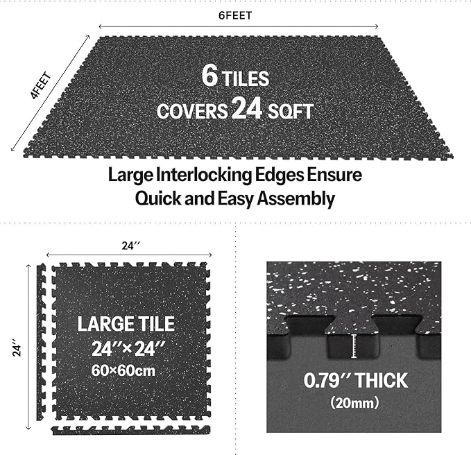 AIRHOP 0.79in Thick 24 Sq Ft Exercise Equipment Mats, 6 Tiles Upgraded Rubber Top with High Density EVA Foam, Large Interlocking Puzzle Gym Flooring for Home Gym, Heavy Weight Workout,Black & White