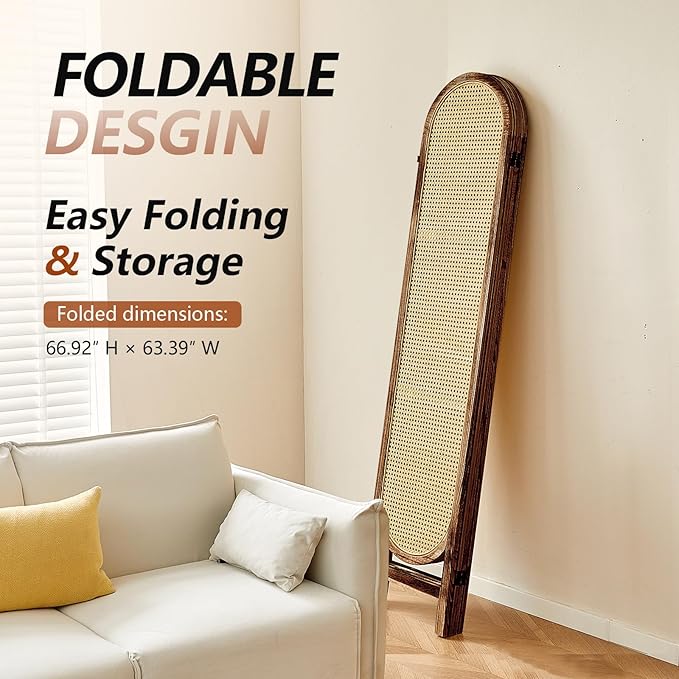 4 Panel Room Divider, 5.6 Ft Foldable Wood Room Divider Screen, Hand-Woven Rattan Folding Privacy Screens with Double Hinges, Wall Divider for Room Separation Bedroom Home Office - Brown