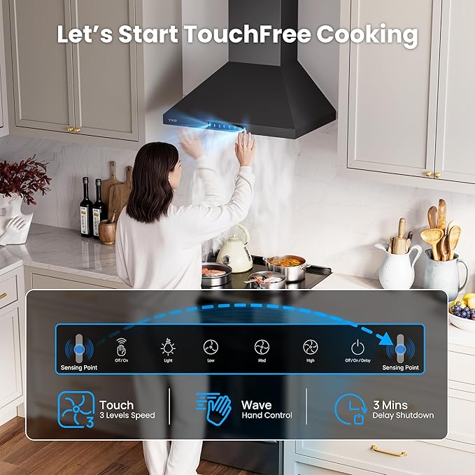 Wall Mount 30 Inch Range Hood 900 CFM, Ductless/Ducted Convertible, 3-speed Gesture Sensing & Touch Control, Black Painted Stainless Steel Kitchen Vent Hood with Permanent Baffle Filters