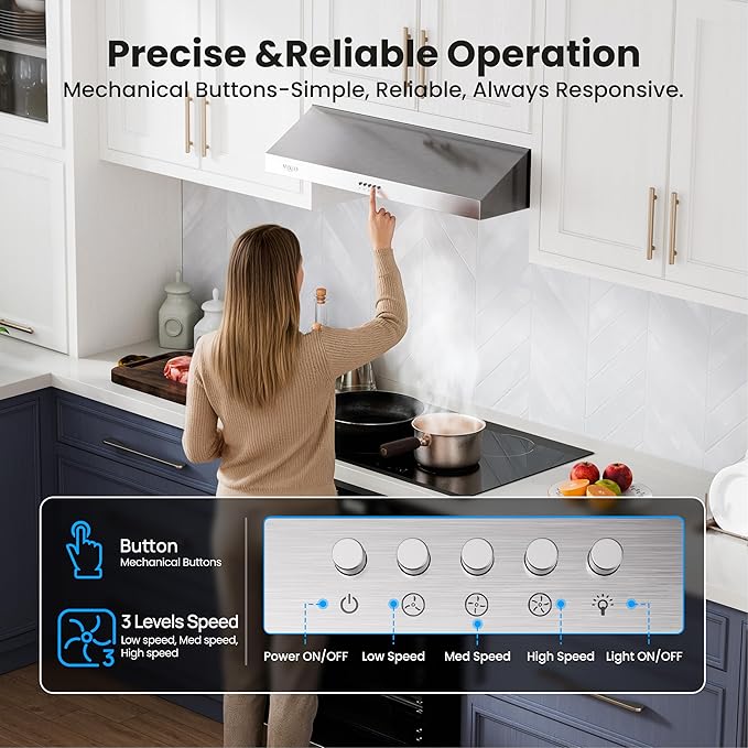 Under Cabinet Range Hood 36 Inch, 1200 CFM Dual-Motor Kitchen Vent with LED Lights, Button Control, Ducted Vent Hood, Reusable 5-Layer Aluminum Filters, Stainless Steel