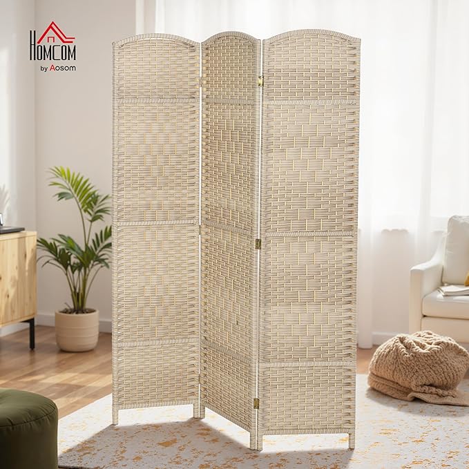 HOMCOM 3 Panel Room Divider, 6' Tall Folding Privacy Screen, Woven Freestanding Wall Partition for Home Office, Bedroom, Washed Oak