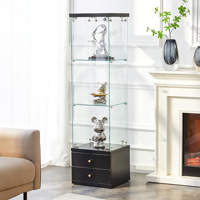Yoluckea 3 Shelves Glass Display Cabinet with 2 Soft-Close Storage Drawers, Curio Collection Glass Display Case with Door & Lock, Floor Standing Bookshelf Corner Cabinet for Book Toys Glory (Black)