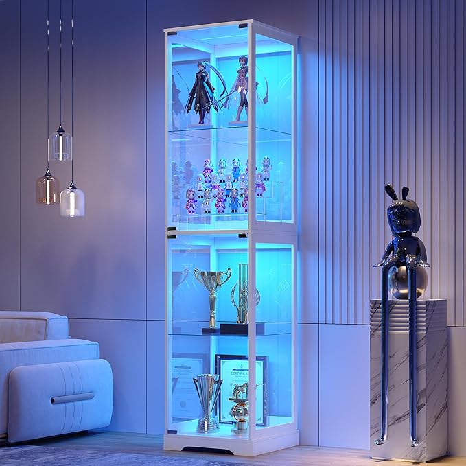 Glass Display Cabinet with Doors, 65" Tall 4-Tier Curio Display Case with 3 Color Lights and Human Body Sensor, Bookcase for Collectibles, White