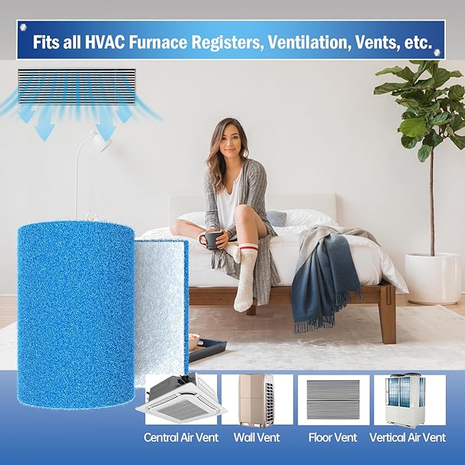 Air Vent Filter, 2 Pack 12"X100" Cut to Size MERV 8 Triple Air Filter Material, Blue & White Electrostatic Vent Filter Kit for Home Floor, Ceiling, Grilles, HVAC Vent, Compression Packing