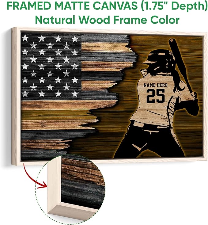 Personalized Softball Poster & Framed Canvas, Softball Player American Flag - Inspirational Quote Motivational Home Office Decor, Custom Name Number Bedroom Living Room Aesthetic Wall Art