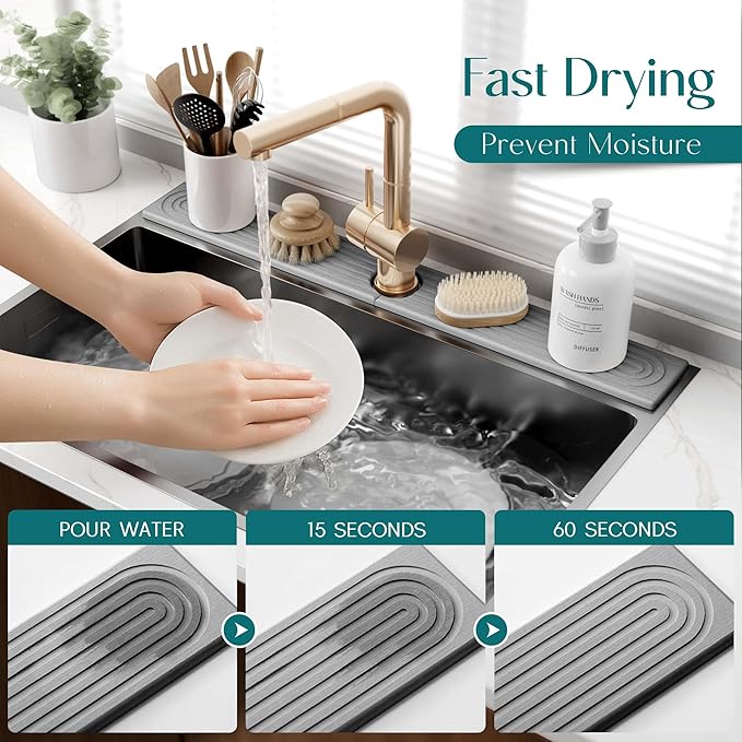 30 inch Kitchen Faucet Absorbent Mat - Diatomaceous Earth Splash Guard for Sink Faucet, Aesthetic Water Absorbing Stone Tray in The Modern Home(Grey, 30" x 3.9")