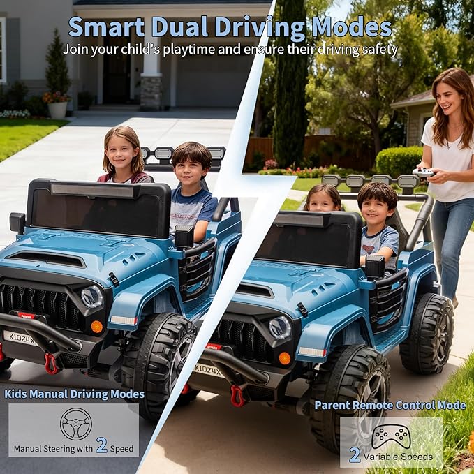 2 Seater Ride on Car Toy for Kids, 24V 4x4 Ride-on Truck, w/Parent Control, Soft Start, 3 Speed, 4-Wheeler Suspension, Bluetooth, LED Lights, Electric Car for Kids Toddler Ages 3-8, Lake Blue