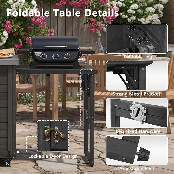 78.3" Outdoor Kitchen Island with Foldable Grill Table - Wooden Grill Cart with Stainless Steel Top, Trash Can Storage and Adjustable Shelves
