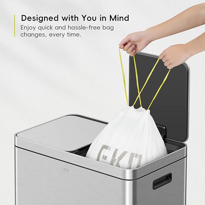 EKO 8 Gallon / 30.3 Liter,100 Count Drawstring Trash Bags, Extra-Strong Unscented Garbage Bags, Easy-Dispense Roll for Kitchen & Household Use, Resists Tears, Leaks and Punctures, Code F-1, White