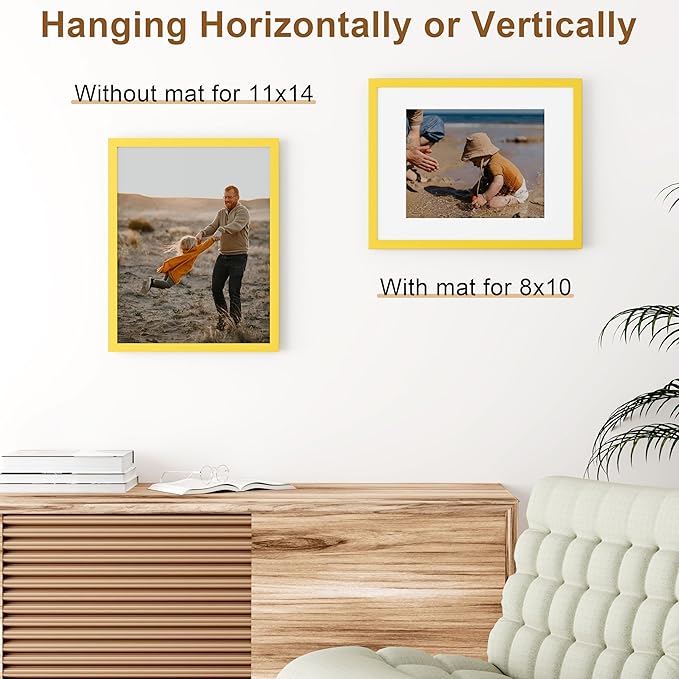 Vittanly 11x14 Picture Frame, Solid Wood Frame with Plexiglass, Includes 8x10 Mat, Wall Hanging for Photos, Home Decor, Yellow, 1 Pack