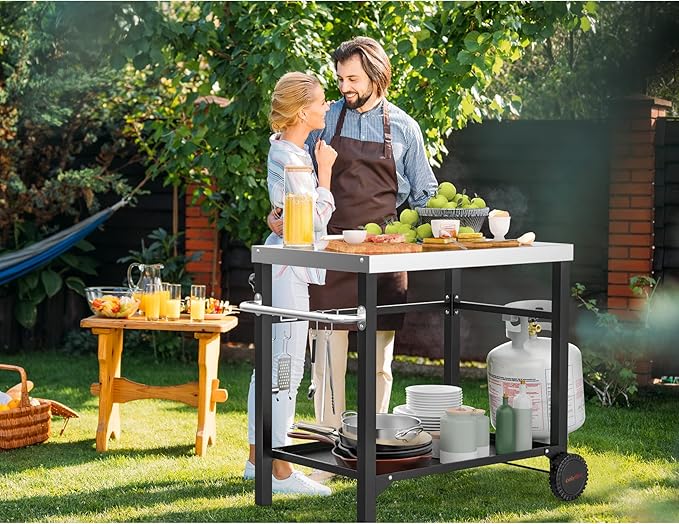 onlyfire Stainless Steel Movable Dining Cart Table, Pizza Oven Table, Multifunctional Utility Cart with Wheels for Outdoors, Kitchen or Backyard Patio