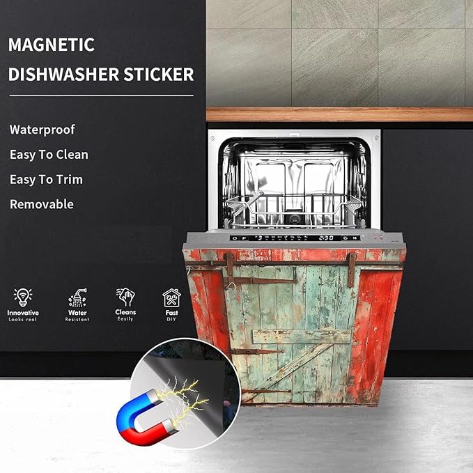 Paint Peeling Wood Door Dishwasher Magnets Decorative Cover, Vintage Barn Door Fridge Magnetic Panel Decal, Magnet Dishwasher Skin Cover Sticker 23" W x 26" H Magnetic
