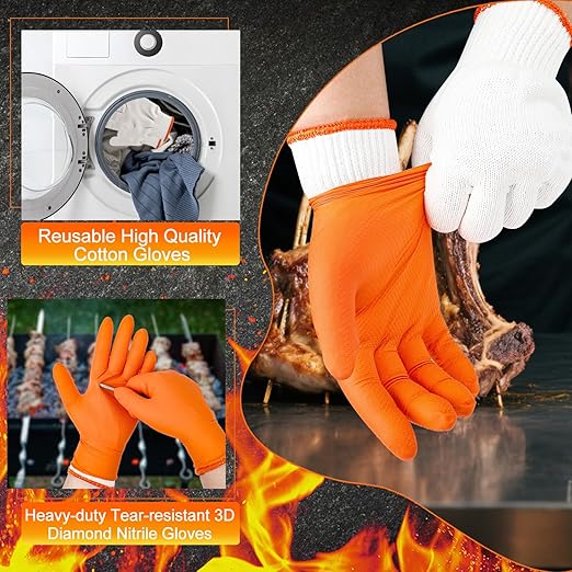 BBQ Gloves for Grilling Disposable Heat Resistant - 100 Nitrile Gloves + 4 Reusable Cotton Liners for Cooking Smoker -Orange XXLarge