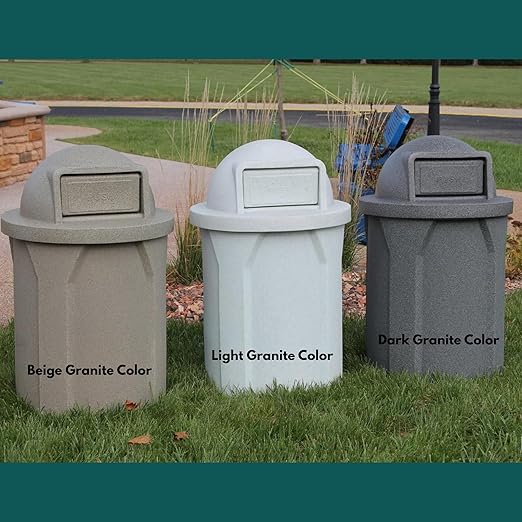 Campus Collection 55 Gallon Round Heavy-Duty Plastic Commercial Outdoor or Indor Trash Can with Push Open Dome Lid and Internal Liner | Great for Schools and Businesses - Beige Granite