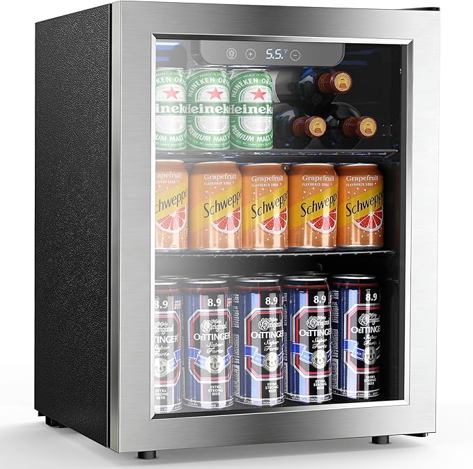 68 Cans Beverage Refrigerator Cooler,1.7 cu.ft Mini Fridge with Seamless Stainless Steel & Glass Door for Beer, Soda,Wine, Digital Temperature Control for Home Office Bar