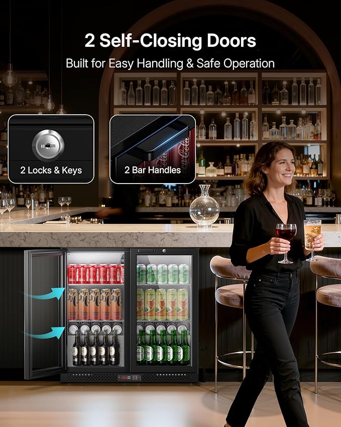 Upstreman 7.3 Cu.Ft Back Bar Cooler With 2 Glass Doors, Commercial Under Counter Beverage Refrigerator, Double-Pane Low-E Glass, Lockable Drink Fridge for Bars, Restaurants, Hotels & Home, BB73