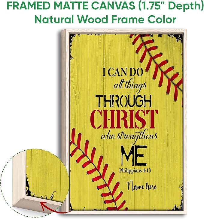 Personalized Softball Poster & Framed Canvas, I Can Do All Things Through Christ Bible Verse - Philippians 4:13 Home Office Decor, Custom Name Bedroom Living Room Aesthetic Wall Art