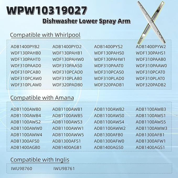 Replacement for Whirlpool Dishwashers Parts AP6019436 2209797 PS11752743 WDF520PADM WDF330PAHS ADB1400AGW WDF330PAHW, Middle Center Spray Lower Wash Arm Assembly W10319027